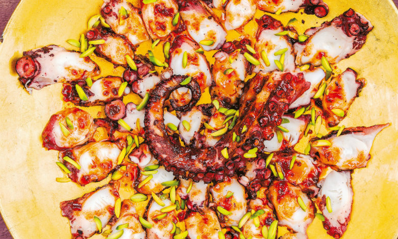 Chargrilled octopus with maple chilli dressing and pistachios, 'Sirocco' by Sabrina Ghayour (Mitchell Beazley, May 2016)