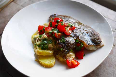 Catch of the day with crab, new potatoes & sauce vierge - Discover Seafood