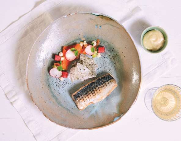 Mackerel with pickled vegetables, watermelon & wasabi mayonnaise - Discover Seafood
