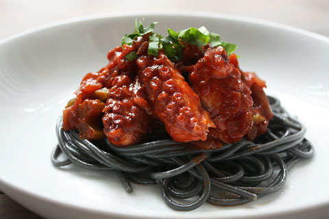 Braised octopus with squid ink spaghetti - Discover Seafood